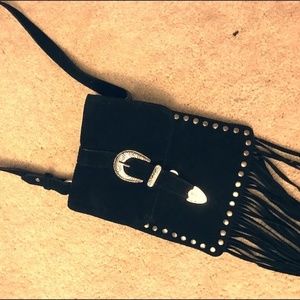 Faux Black Suede Crossbody Purse with Fringe